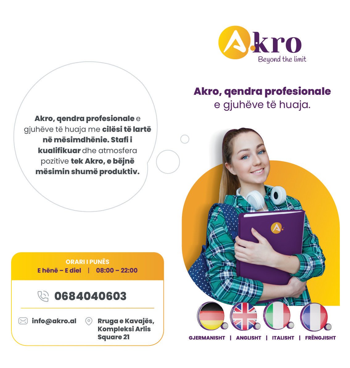 Akro Center | Qender kursi për gjuhët e huaja. Mësim në: gjermanisht, anglisht, italisht.